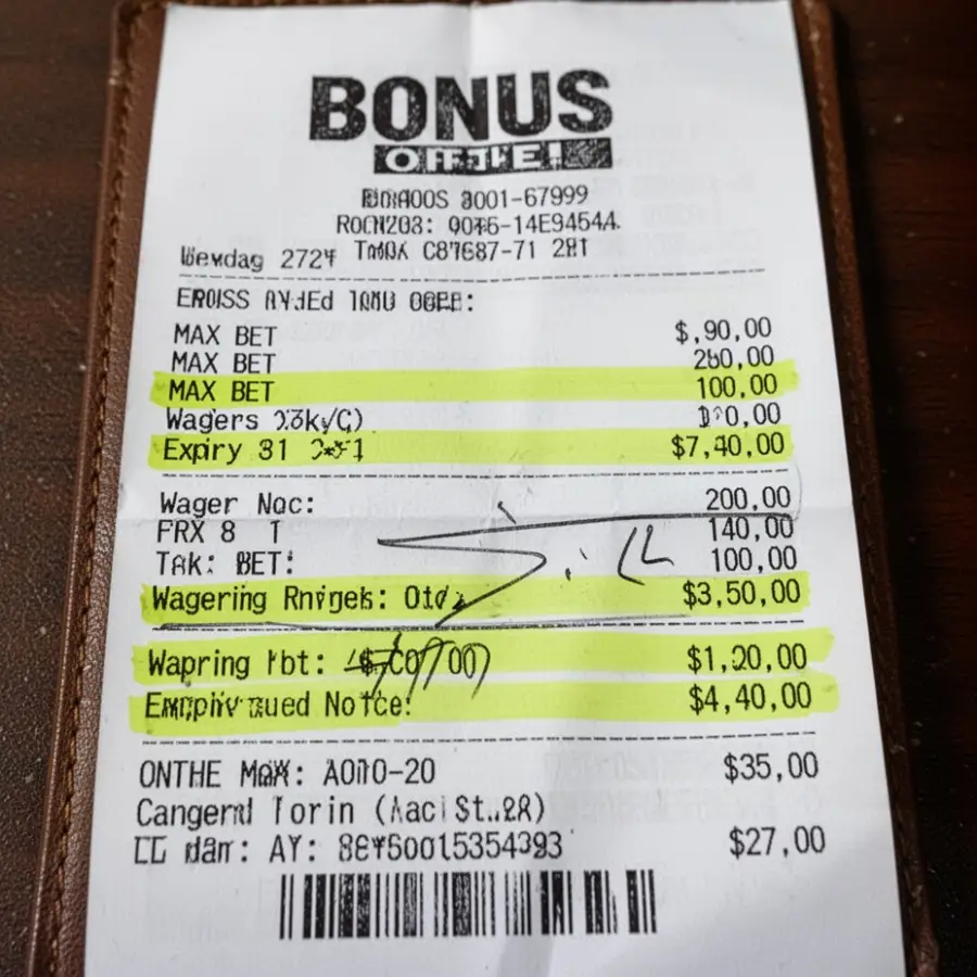 A bonus offer is printed like a receipt with max bet, expiry and wagering notes highlighted by hand.