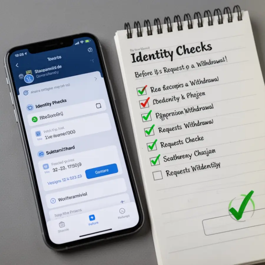 A phone screen beside a notepad where a player has ticked off identity checks before requesting a withdrawal.