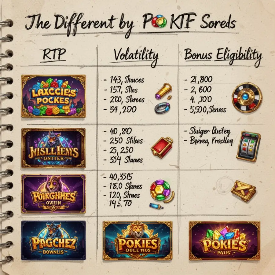 Different pokies are sorted into a small handwritten list by RTP, volatility and bonus eligibility.