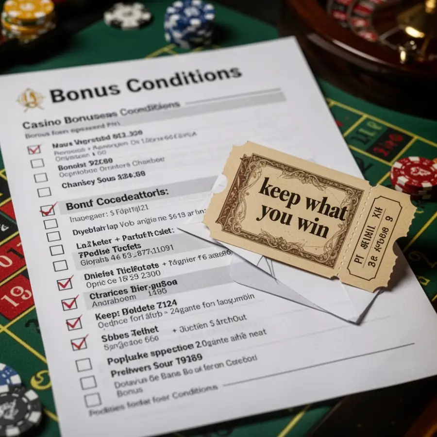 A small ticket marked keep what you win is placed beside a checklist of casino bonus conditions.