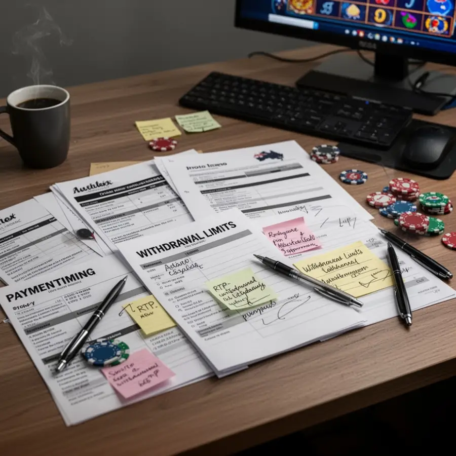 A quiet desk scene showing notes about RTP, withdrawal limits and payment timing for an Australian casino comparison.