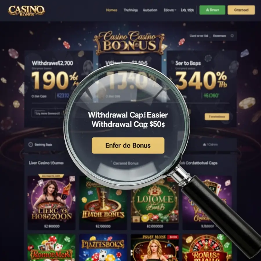 A magnifier sits over a casino bonus page where the withdrawal cap is easier to spot.