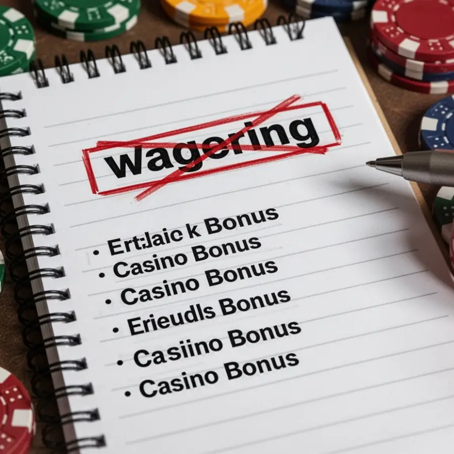 The word wagering is crossed out on a notepad while other casino bonus terms remain listed underneath.